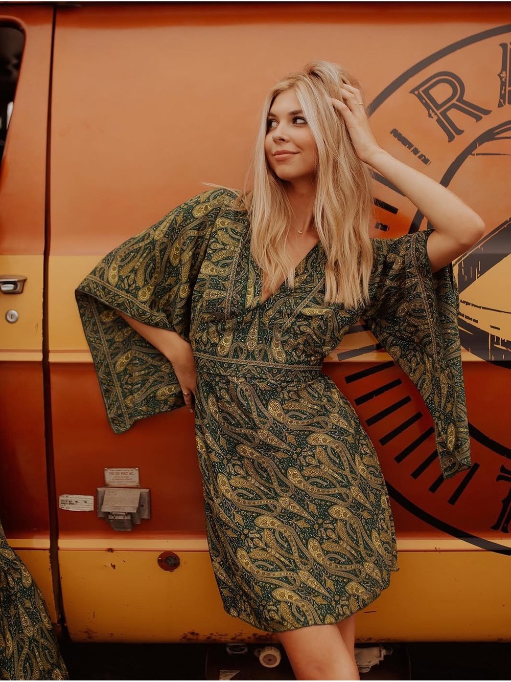 Rare Rosemary Retro Boutique Silk Paisley Kimono Sleeve Green Mini Dress M/L